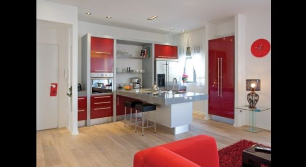 cozinha integrada vermelha