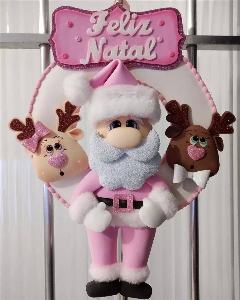 guirlanda rosa com papai noel e renas